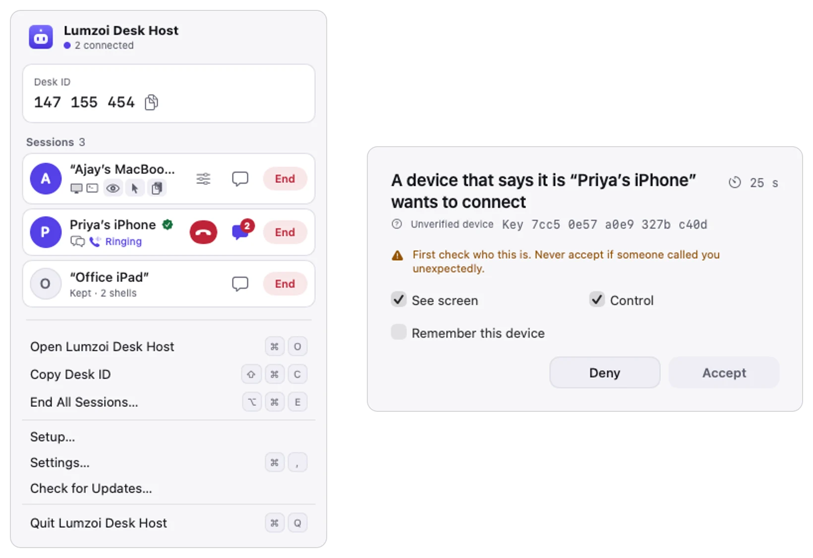 Desk Host's menu with three sessions, beside a prompt asking whether to let a new iPhone connect.