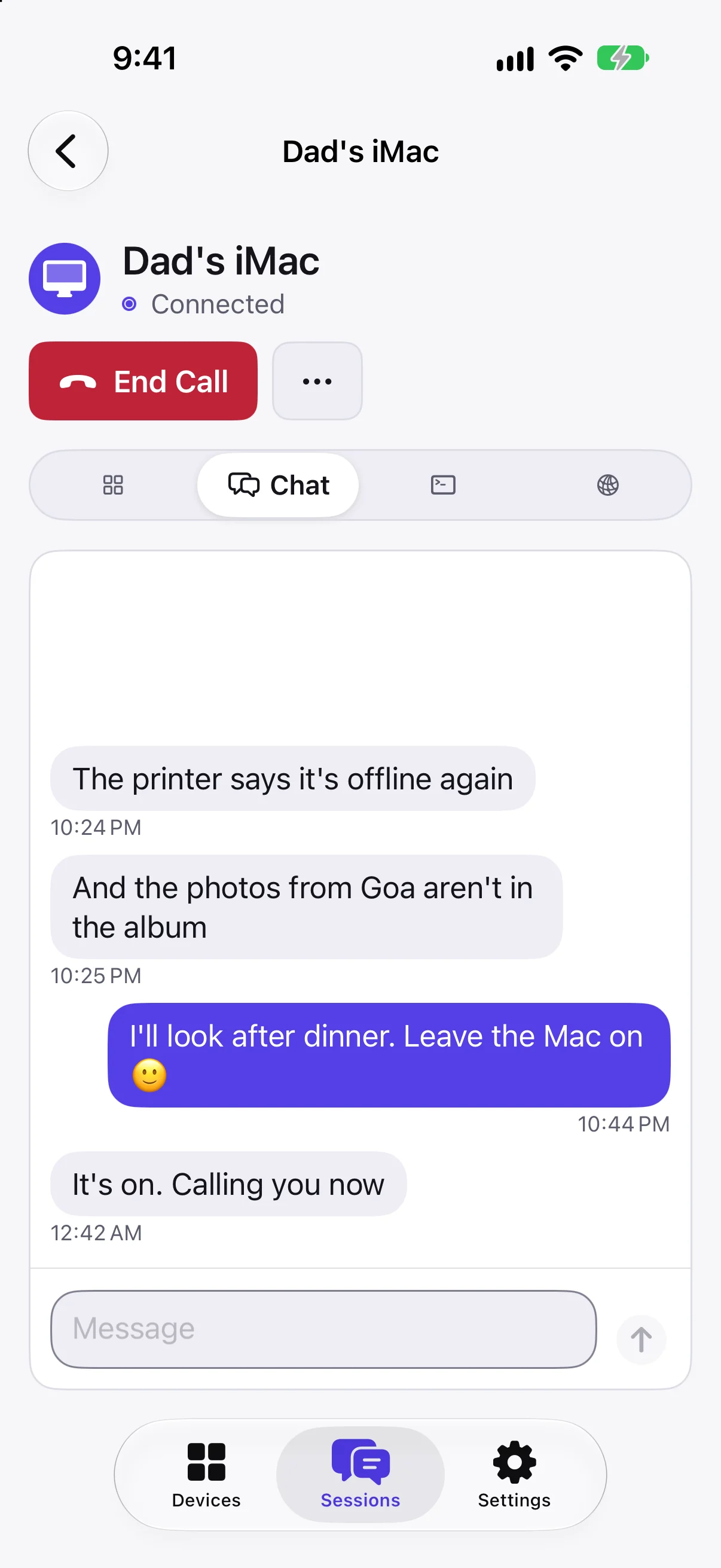 Lumzoi Desk on iPhone in a voice call with Dad's iMac, above their chat.