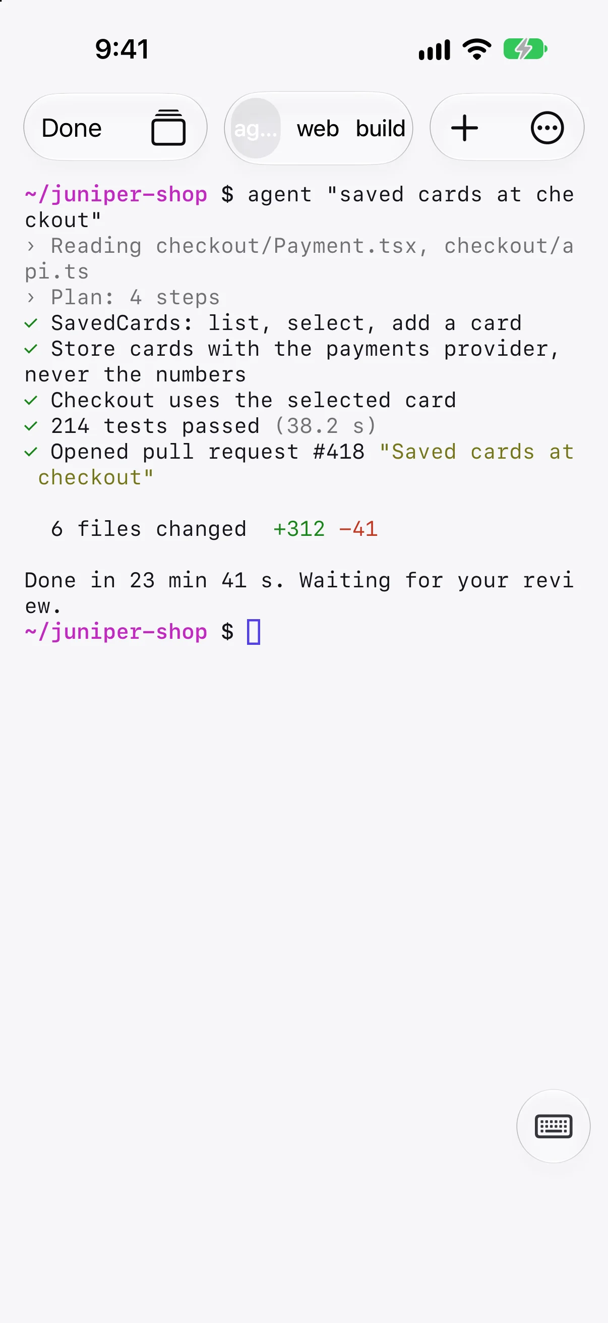 Lumzoi Desk's terminal on iPhone with three kept shells; a coding agent reports its tests passed and it opened a pull request.